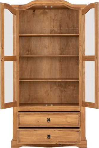 Corona 2 Door 2 Drawer Glass Display Unit Distressed Waxed Pine Clear Glass - Picture 4 of 10