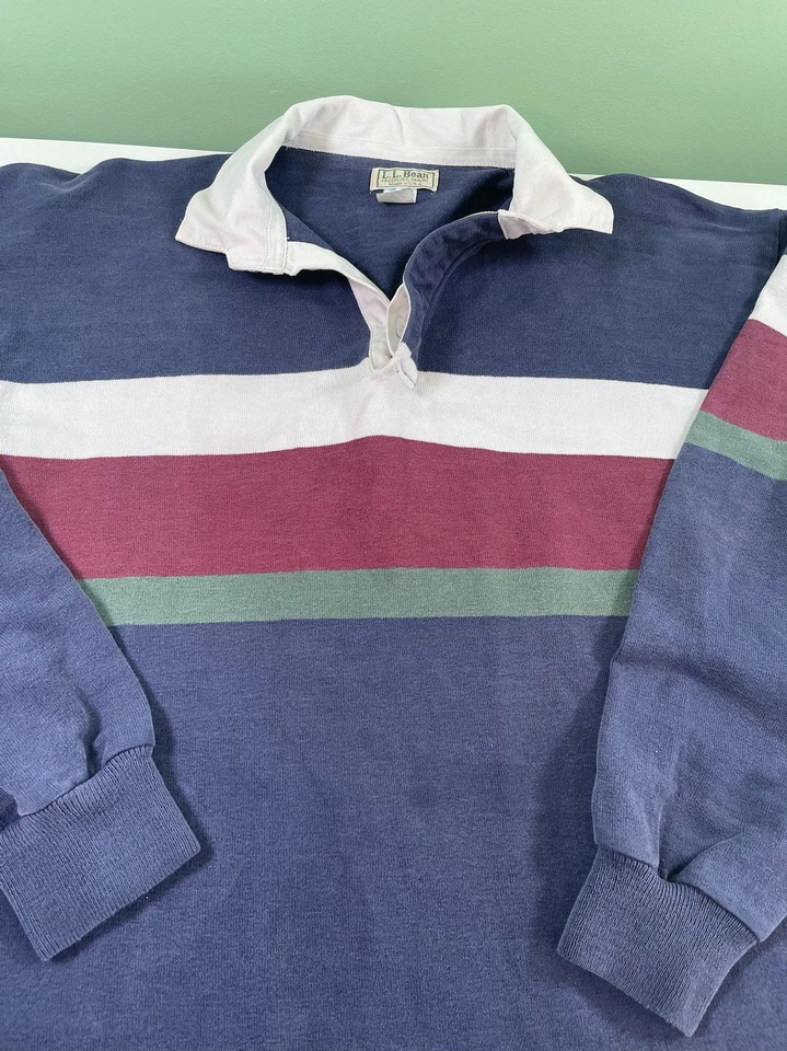Vintage LL Bean Rugby Shirt Mens Large Striped Heavy Cotton Polo 90s Made in USA - Image 3 of 4