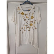 LOGO Lori Goldstein Embellished Floral Tunic Top Cream Size XL stitched