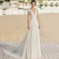 Boho Chiffon Lace Wedding Dresses Cap Sleeves A-Line V-Neck Beach Bride Gowns