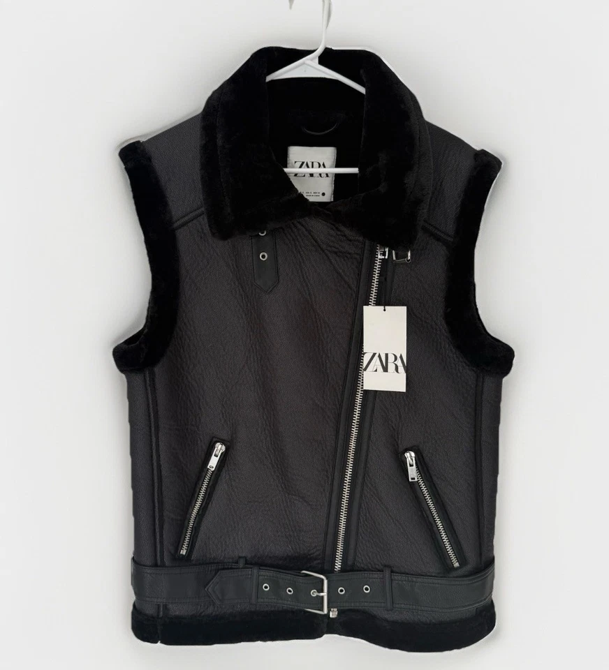 ZARA NWT Moto Jacket Black Size S Belted Biker Vest Goth Fur Oversized Emo Punk - Image 2 of 4