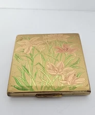 VTG Elgin American Beauty Compact Mirror Gold & Floral Etched Art Deco. w/Powder
