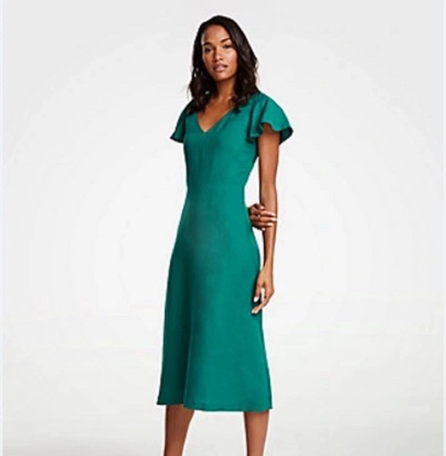 Ann Taylor Linen Blend Dress Flutter Sleeve Midi Size 12 Green