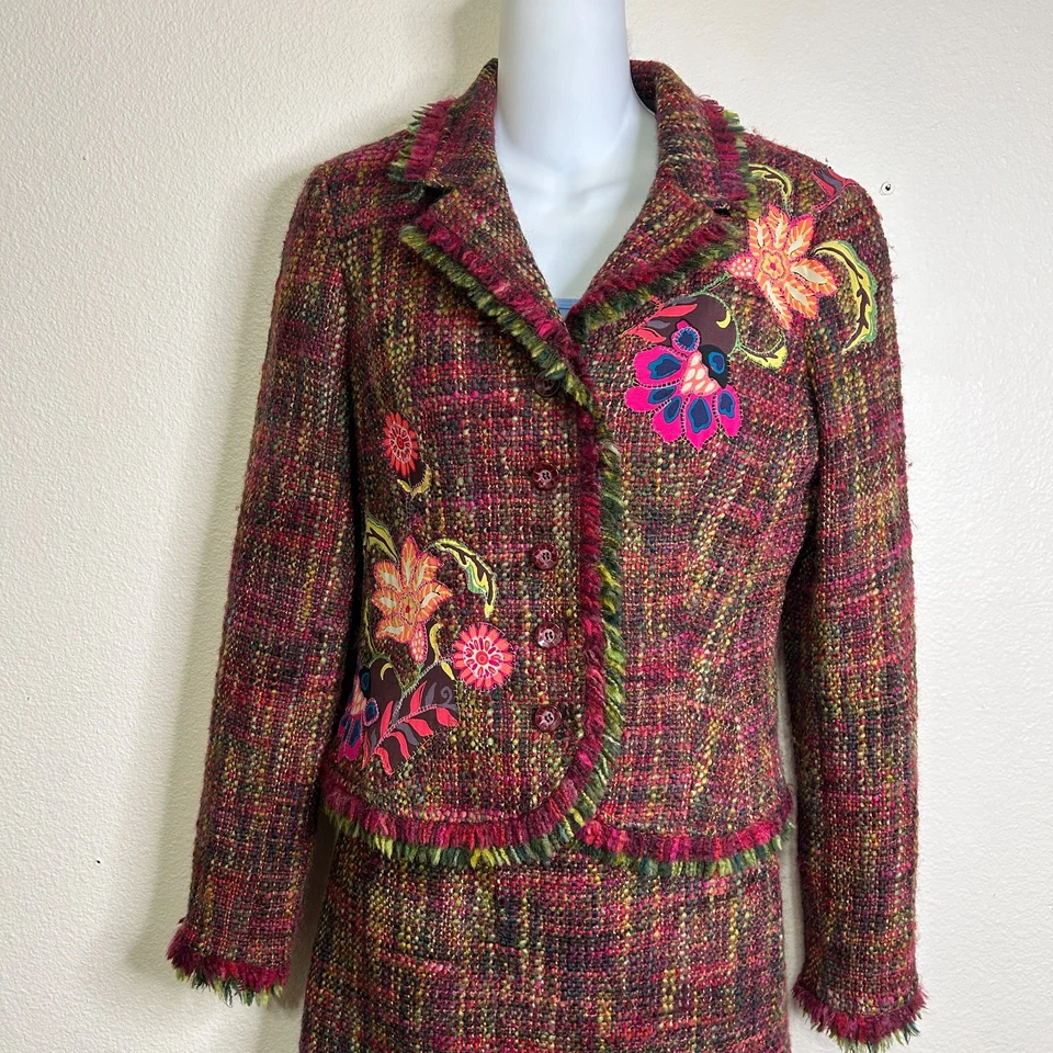 JON by Teri Jon Tweed Suit Jacket Skirt Womens 6 Wool Tweed Fringe Floral 3878 - Image 2 of 4