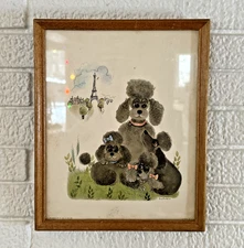 Vintage Framed George Bucket 63  Big Eye Poodle Family Eiffel Tower