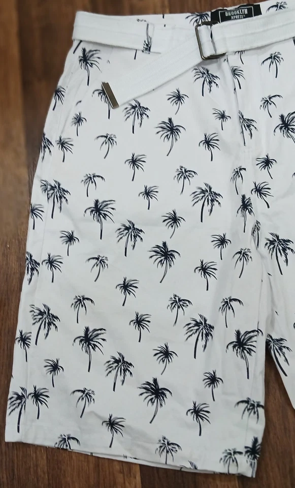 Nuevo con etiquetas Pantalones Cortos Defect Brooklyn Xpress Para Hombre 40 Estampado de Palmera Blanco Negro Cinturón Foto 2 de 4