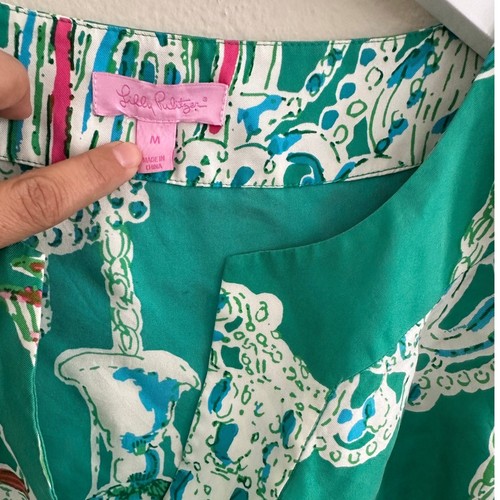 Lilly Pulitzer Silk Blouse Top Green Chandelier Print Long Sleeve Women's Medium - Picture 7 of 10