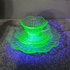 Green Depression Uranium Glass Luncheon Plate w/ Cup & Saucer Scalloped Liberty