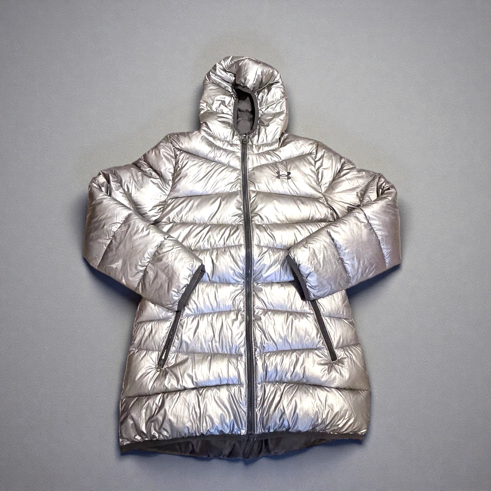 Under Armour Jacket Youth Large Silver Metallic Quilted PufferCoat Winter Jacket