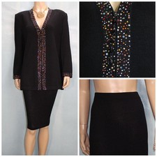 St John Evening Black Jacket Skirt L Size 14 12 2pc Suit Jeweled Trim Multicolor