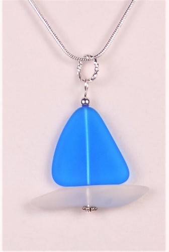 AZURE BLUE NEW Sea glass sail CRYSTAL WHITE Hull Sailboat pendant + 18" chain - Picture 2 of 6