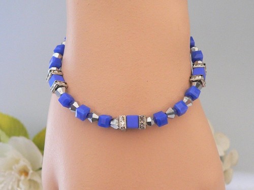 Armband Würfel Hämatit matt Glas facettiert Blau silber Strass 557a - Bild 4 von 4