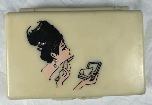 Vtg Compact Tissue Holder Mirror Vanity Beehive Hairdo Lady Compact Rhinestone