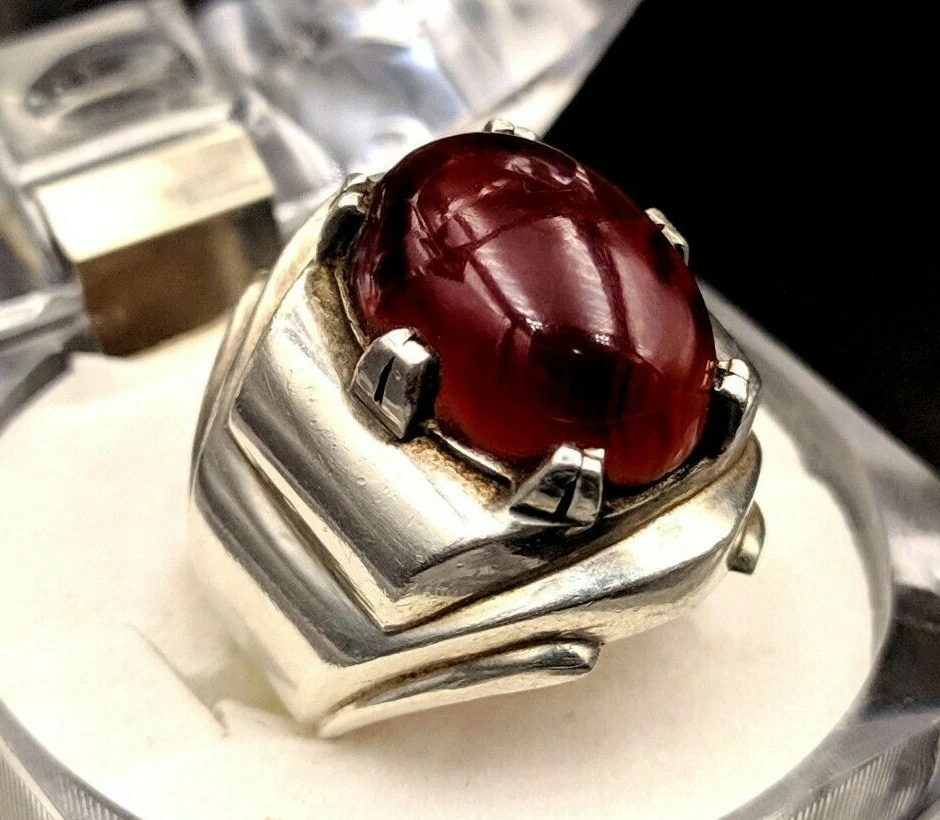 Anillo rojo Aqeeq para hombre plata de ley 925 piedra natural Akik ágata anillo para hombre Foto 2 de 4