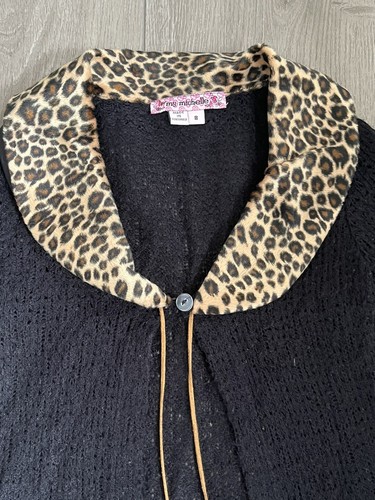 My Michelle Black Open Knit Duster Sweater Leopard Collar Girls Size 8 - Picture 2 of 7