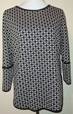 Max Studio Sz S Black & Tan Geometric Cross Print 3/4 Sleeve Hi-Low Hem Top
