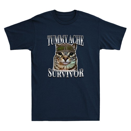 Tummy Ache Survivor Funny Cat Meme Humor Saying Cats Animals Retro Men's T-Shirt - Picture 7 of 8