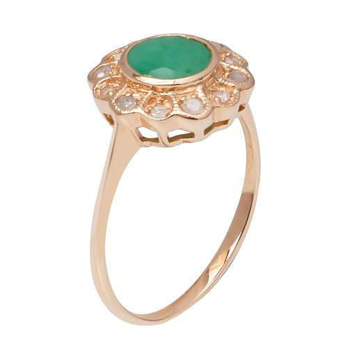 10k Yellow Gold Vintage Style Genuine Round Emerald and Diamond Halo Ring - Picture 2 of 5