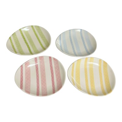 POTTERY BARN Porcelain Ceramic SET 4 Egg Shape Snack Plate Pastel Colors Easter