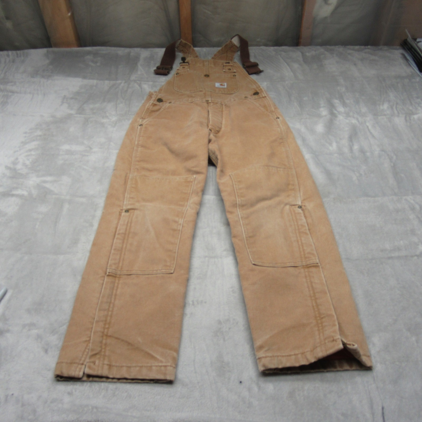 Carhartt Bib Overalls Kids 10-12 Beige Duck Canvas Double Knee Workwear 27x22