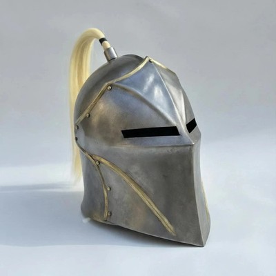 arbuta Knight Helmet 18G Steel w/ White Plume Medieval Crusader