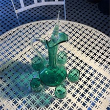 Green Glass Decanter Set with Stopper, 5 Glasses, Decorative Round