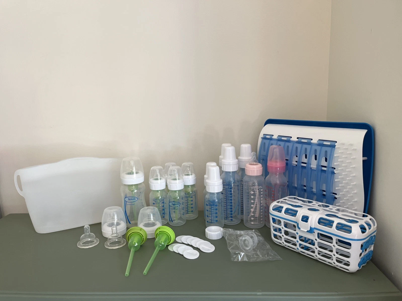 Lot Of 12 Dr Brown's Bottles, Nipples, Accessories, Drying Rack, Sterilizer Bag+