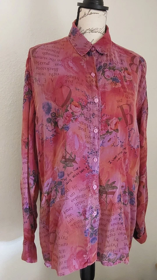 Blusa Camisa Tianello SIENNA Floral Rosas Prenda Teñida Rayón Abotonada, Talla M Foto 3 de 4