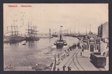 Vintage postcard 1903 Malmo harbor ships lighthouse tram quay Sweden