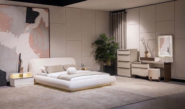 Beige Moderne Schlafzimmer Garnitur Doppelbett 2X Nachttische Kommode-image