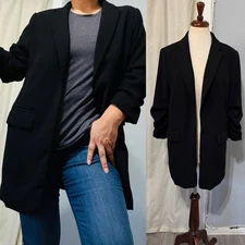 H&M Women Black Open Front Ruched Sleeve Longline Blazer Jacket M with Pockets