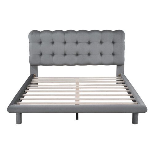 Queen Size Velvet Platform Bed with LED Frame, Thick & Soft Fabric and Button-tu - Picture 18 of 18