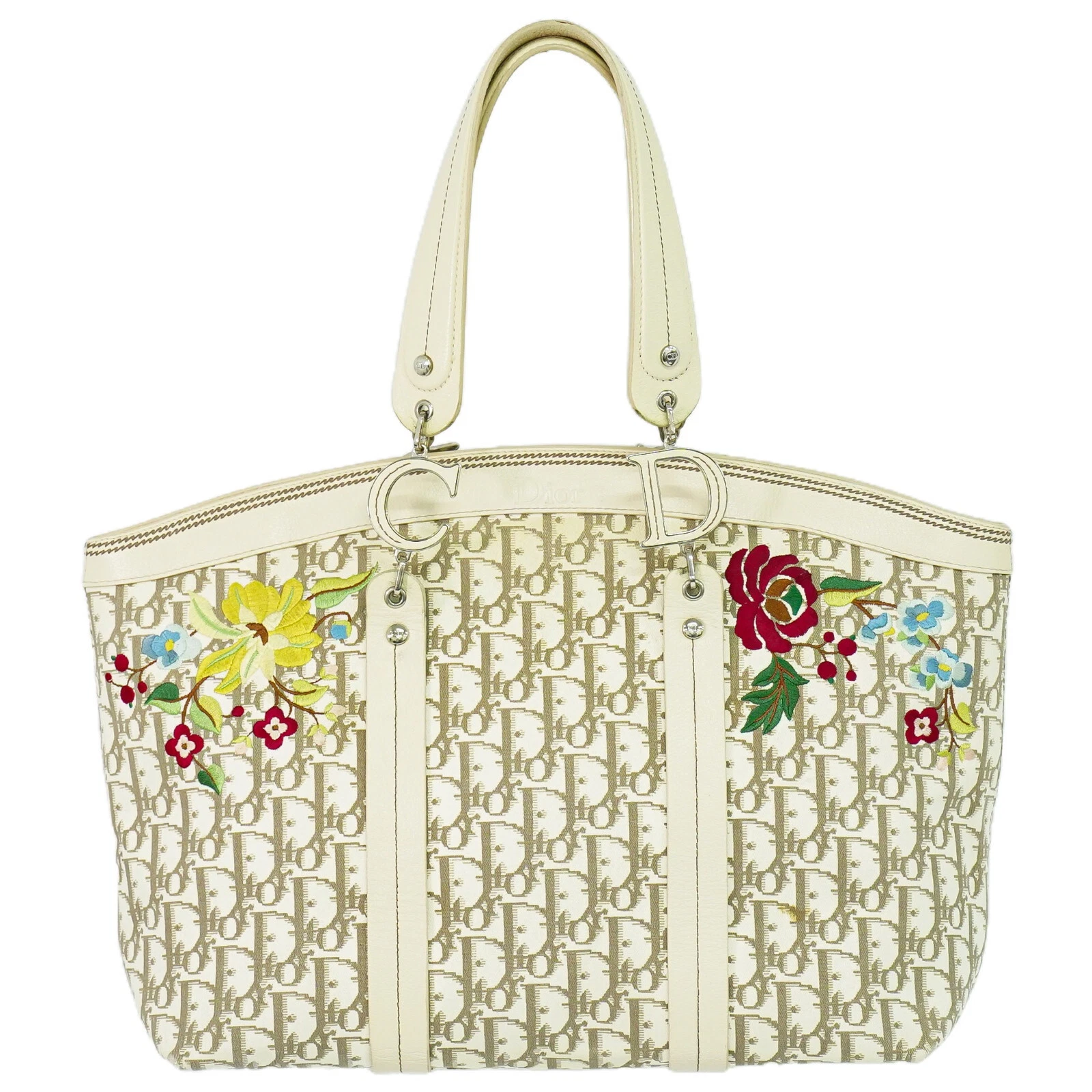 Sac à main fourre tout toile trotteur broderie fleurs Christian Dior blanc marron argent