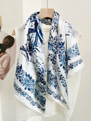 Mulberry Silk Wrap Shawl Bandanna Shawl Birds Print Square Scarf 43'' Blue