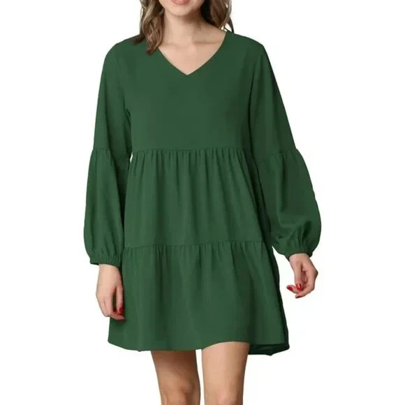 long sleeve v neck swing dress Limited Edition Double V-Neck Long Sleeve Swing Dress