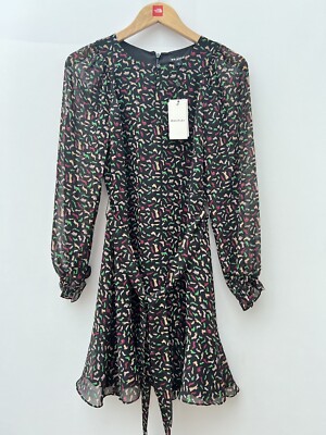 Whistles Izzy Shoe Print Long Sleeve Belted Mini Dress Black Multi Women s UK 8