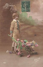 CP BONNE FETE ENFANT CRAVATE BROUETTE FLEURS - 19833