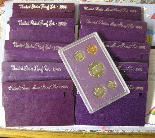 Purple Proof Sets Lot 10 Different Years 1984-1993