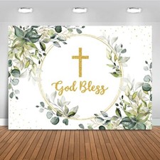 7x5ft Greenery Baptism Backdrop Green Gold First Holy Communion Banner Prop