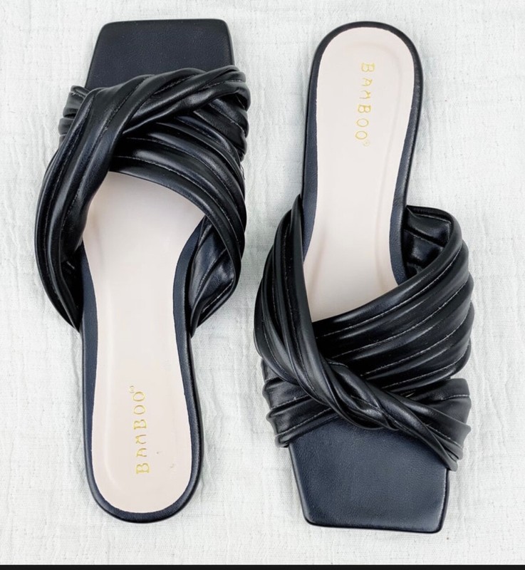 Black pleated criss cross slides by Bamboo in size 8.5