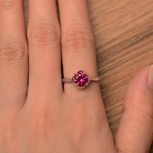 925 Sterling Silver Pink Ruby Ring Lab Created Gemstone Women Solitaire Ring - Picture 2 of 5