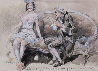 GEORGES CONRAD Watercolor French Drawing illustration Couple Louis XV La