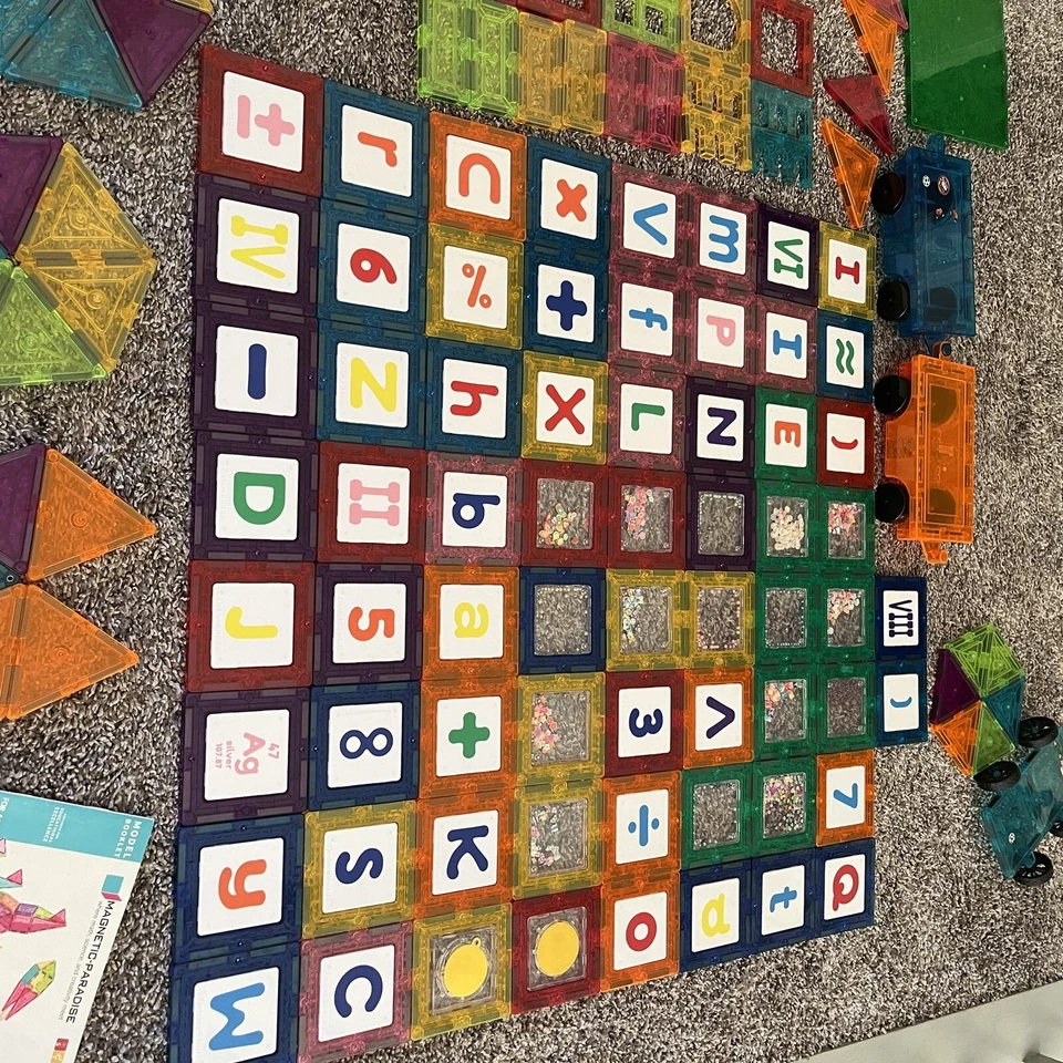 Lot Of 146 Magna Tiles Picasso Tiles Magnetic Pieces Shapes Symbols Car Train - Image 3 of 4