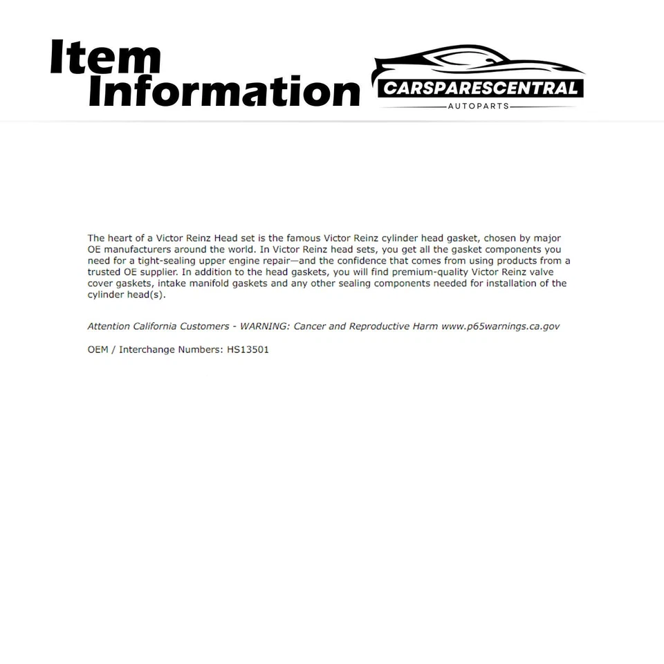Juego de juntas de culata de motor Victor Reinz para Mercury Zephyr 2,3 L 1978-1983 Foto 3 de 4