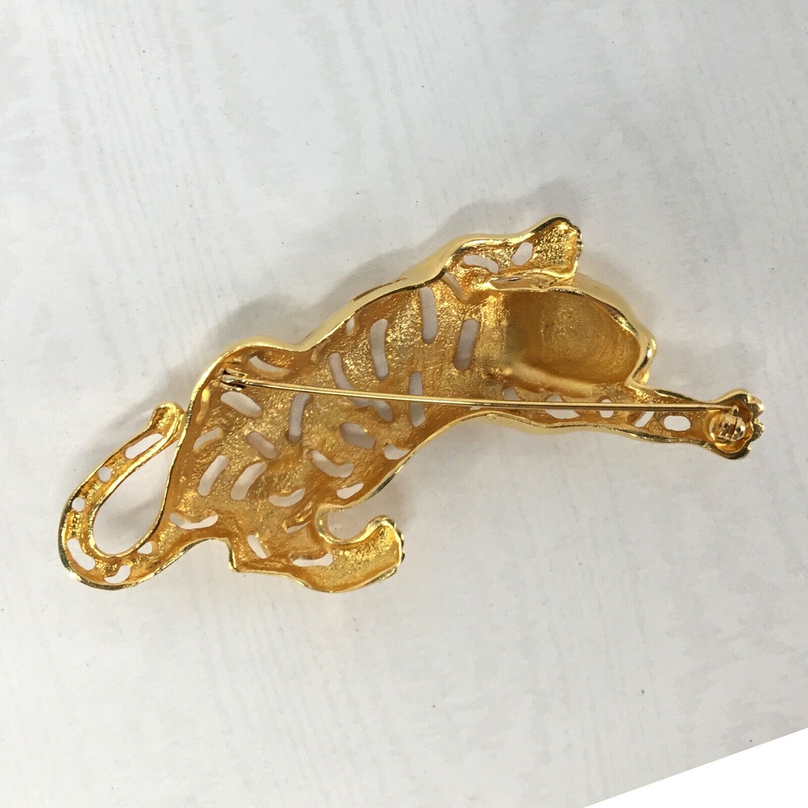 Vintage Crouching Tiger Gold Toned Brooch with Rh… - image 3