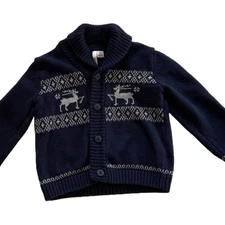 Janie and Jack Navy Blue Reindeer/Fair Isle Shawl Collar Cardigan, 2T