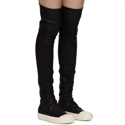 Rick Owens Black Leather Knee High Sock Boots Sneakers Women s 36