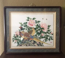 Vintage Cui Tang? Style Chinese Pheasants Peony Watercolor on Silk/Paper? 23”