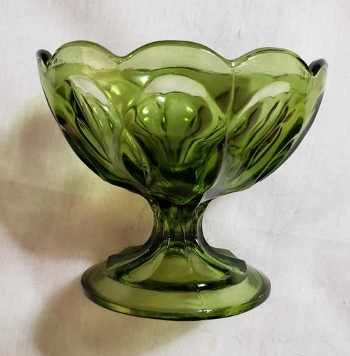 Anchor Hocking Green Scallop Edge Footed Compote Candy Dish Glass Vtg 4" Tall