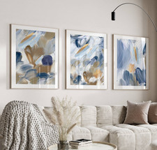 Blue Abstract Living Room Wall Art Prints, Set of 3, Above Bed Art, Unframed